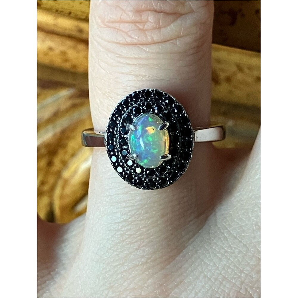 Natural Ethiopian Opal Black Spinel Sterling Silver Ring Size 6